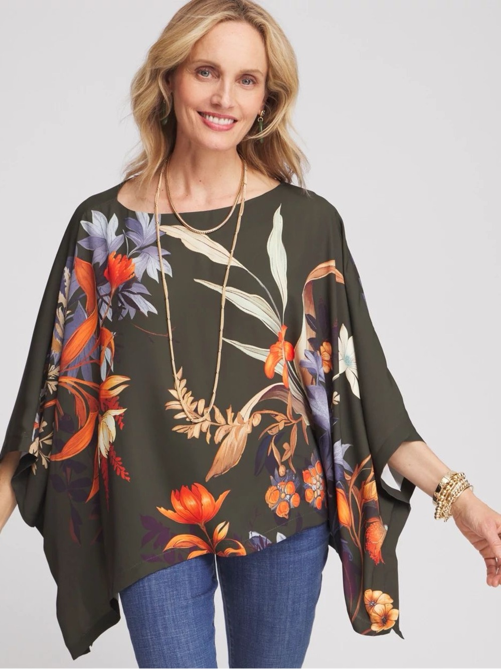 Chicos Autumn Floral Poncho NEW size s/m primordial forest tropical lightweight